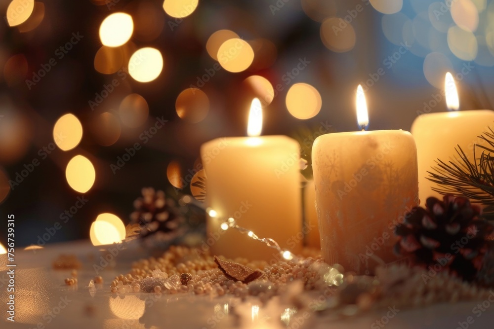 Poster three lit candles on a table, suitable for various occasions