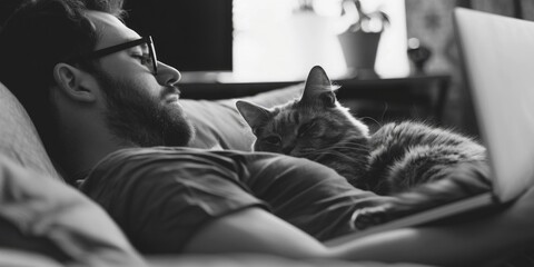 A man relaxing in bed with a cat on his lap. Suitable for pet lovers and relaxation concepts