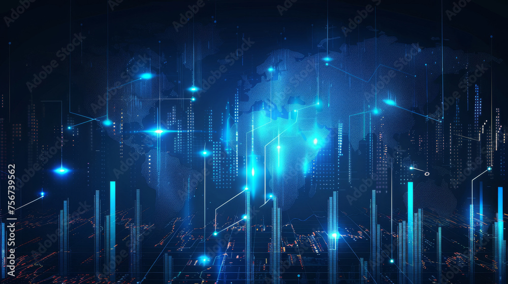Poster Futuristic digital financial graph on global map background