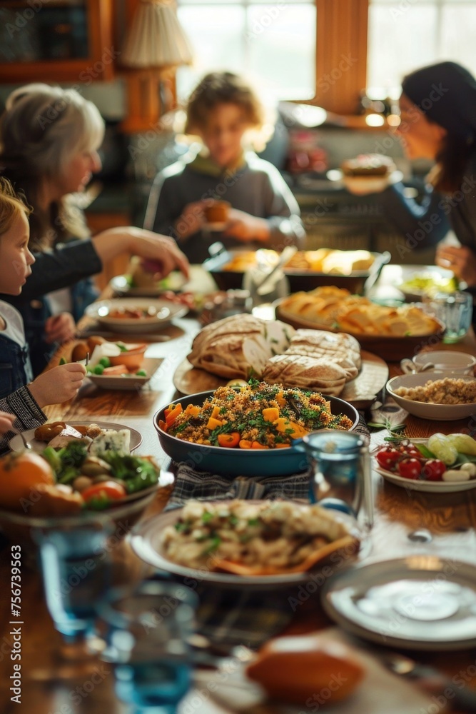 Poster a group of people sitting around a table enjoying a meal. suitable for various dining or social occa