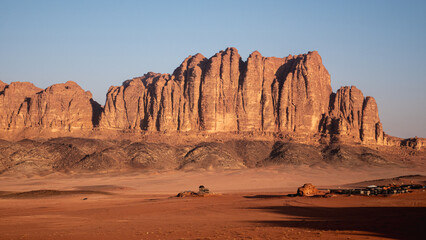 A view of the Wadi Rum desert with limestone rock formation in Jordan.