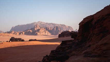 A view of the Wadi Rum desert with limestone rock formation in Jordan.
