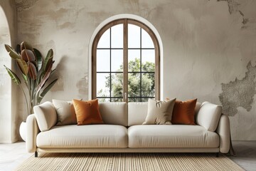 A living room featuring a white couch positioned under a large window, allowing natural light to fill the space.