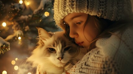 Girl with ragdoll cat in Christmas time 