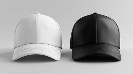 Two baseball caps in black and white colors. Suitable for sports or casual fashion concepts