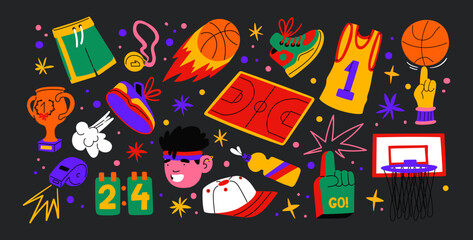 Basketball stickers in cartoon style. Sports objects, sneakers, ball, basket, sports equipment. Vector retro set