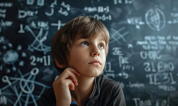 A thoughtful boy looking at math problems on a blackboard
