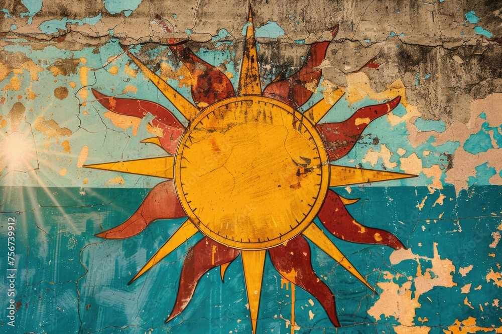 Poster a sun painted on the side of a building. can be used for architectural design projects