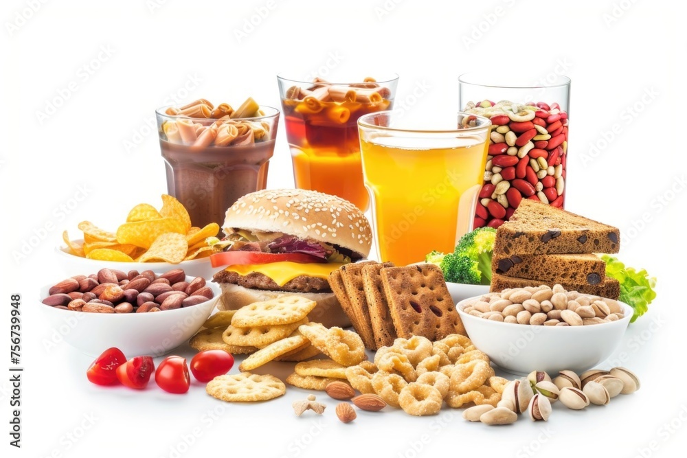 Poster a diverse selection of foods and drinks on a table, perfect for culinary concepts