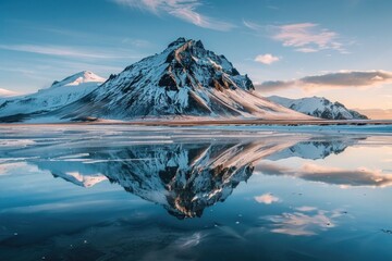 A serene image of a mountain reflected in a body of water. Ideal for nature and landscape themes