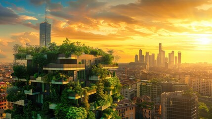 Obraz premium Eco-modern skyline with lush rooftops at dusk, showcasing sustainability