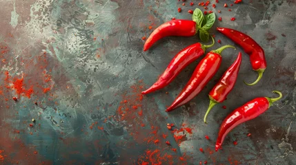 Poster Red hot chili peppers with basil leaves on dark background, top view © Dina