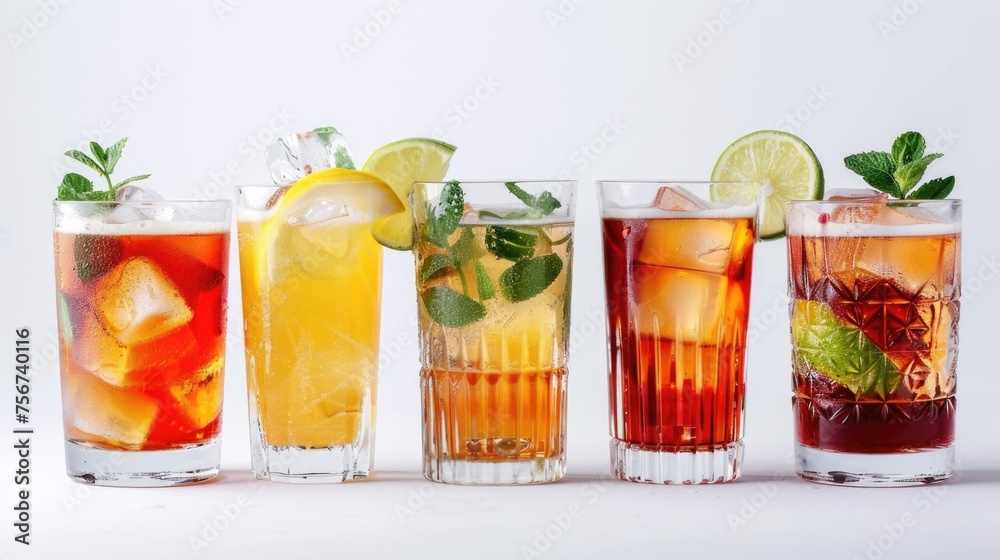 Poster row of glasses filled with different types of drinks, suitable for beverage ads