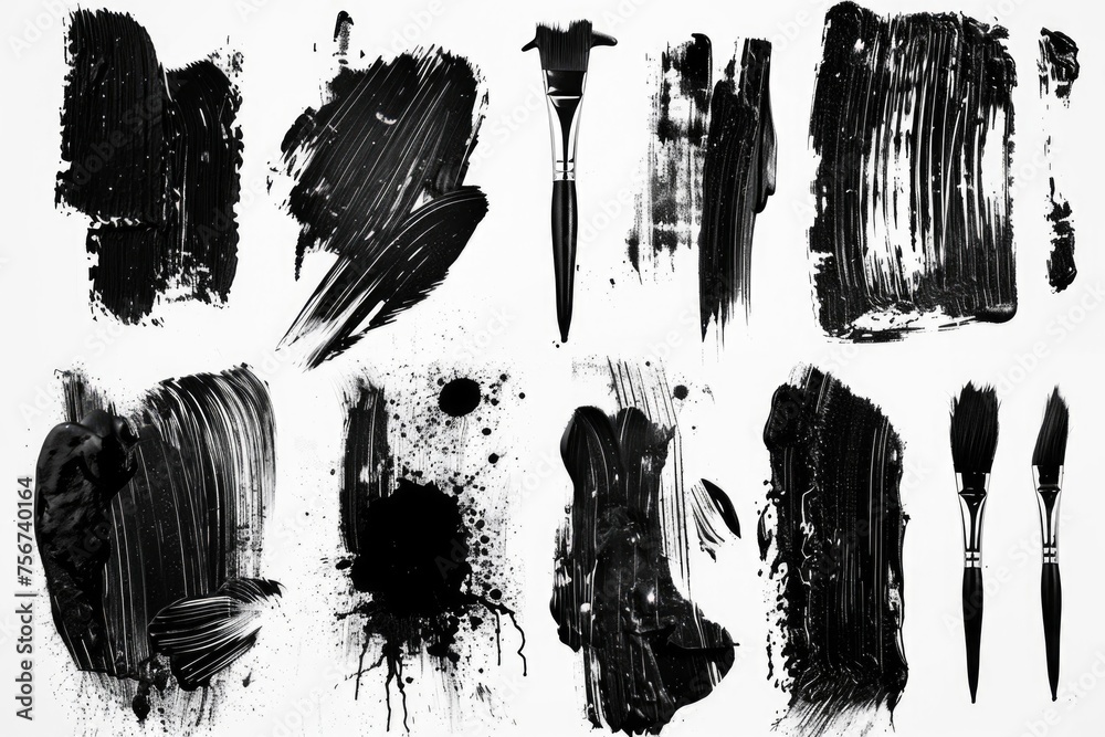 Poster collection of brushes and ink smudges on white background. great for design projects