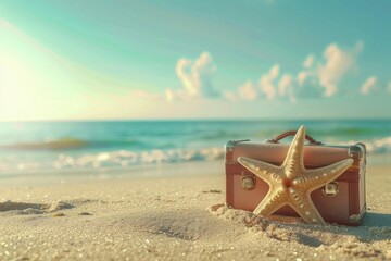 Fototapeta na wymiar Suitcase and starfish on sandy beach, perfect for travel and vacation concepts
