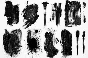 Collection of brushes and ink smudges on white background. Great for design projects - obrazy, fototapety, plakaty