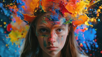 A girl with colorful paint covering her face. Ideal for art and creativity concepts