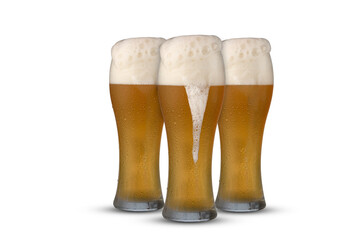 three beer glasses, white background