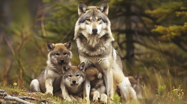 grey wolf with pups. Wildlife photo