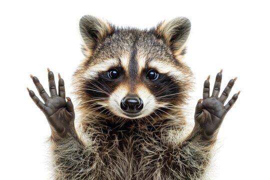 A raccoon standing up with its hands in the air. Perfect for wildlife and animal themed designs
