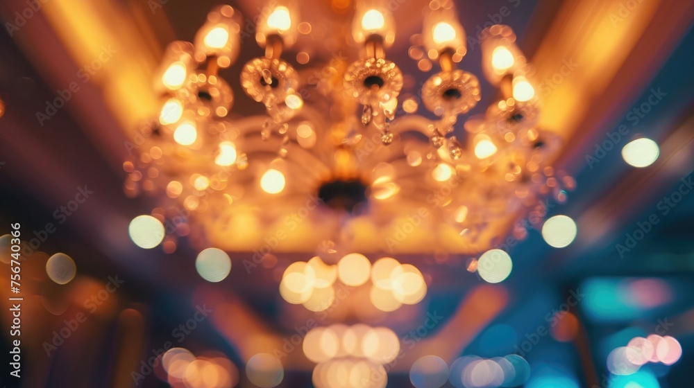 Poster A chandelier with multiple lights shining in the background. Perfect for adding a touch of elegance to any design project