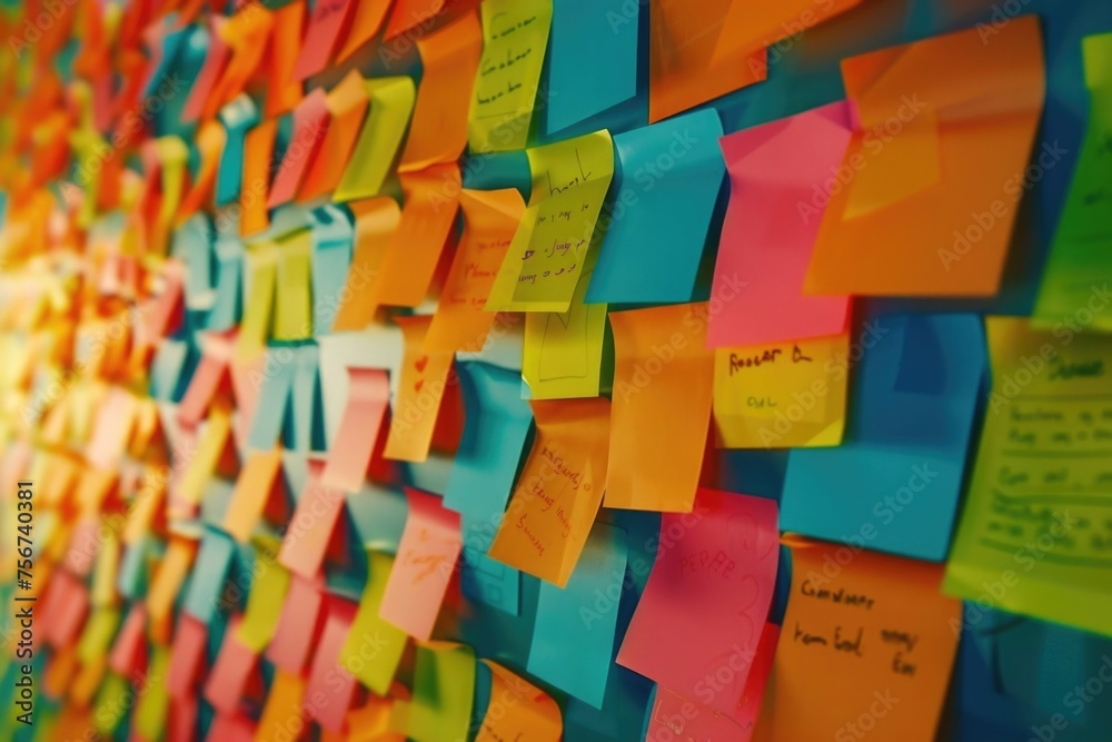 Poster a wall completely covered with colorful post it notes. suitable for business or education concepts