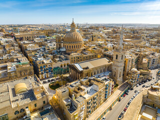 Drone view of main church, Valletta - capital of Malta island
