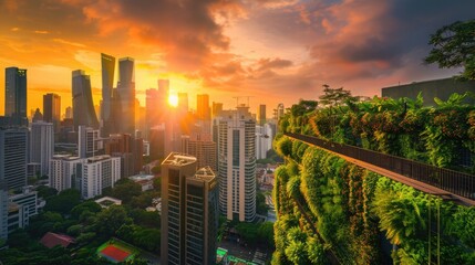 Obraz premium Sleek city lines, rooftop gardens, energy-wise structures in twilight ambiance