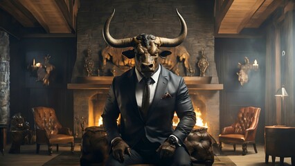Minotaur dressed in a modern business suit in a fireplace hall chalet. - obrazy, fototapety, plakaty