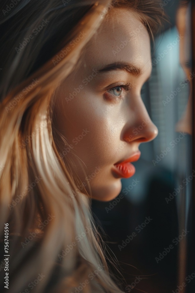 Poster close up of a woman's face looking out a window. ideal for lifestyle and introspection concepts