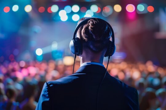 A man standing in front of a crowd wearing headphones, possibly preparing to address or perform for the audience.