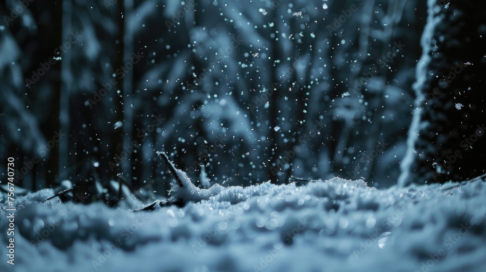 Poster close up of snow covered ground with trees in background. suitable for winter themes