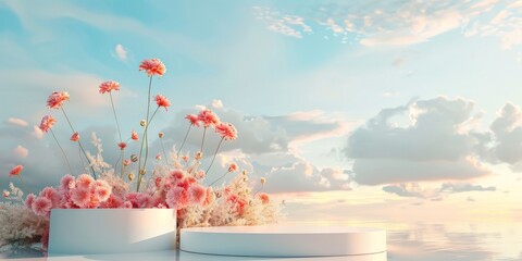 product podium with flowers and white clouds