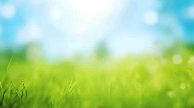 Blurred beautiful green bokeh light meadow and blue sky as abstract background