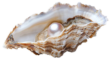 Lustrous pearl nestled within a natural oyster shell, cut out - stock png.