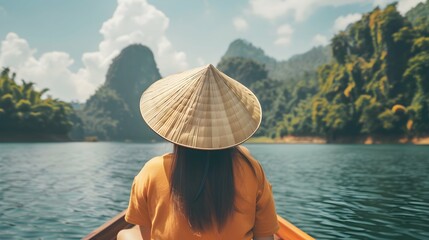 happy young woman tourist in asian hat on the boat at lake