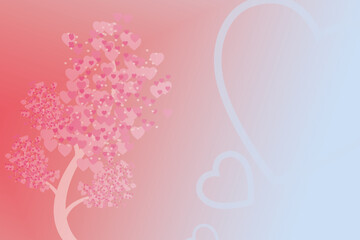 A serene, love-themed background featuring a tree with leaves in the shape of hearts, gradient shades from pink to white