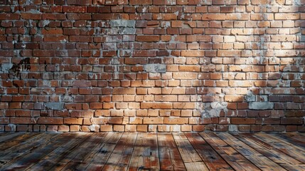 Interior of a room with a brick wall and wooden floor. Suitable for architectural and interior...