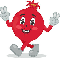 Retro cartoon character garnet in the groove style. A funny garnet mascot. Vector illustration of fruits, hand-drawn. Nostalgia for the 60s, 70s, 80s. Happy emotions of joy.