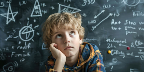A thoughtful boy looking at math problems on a blackboard