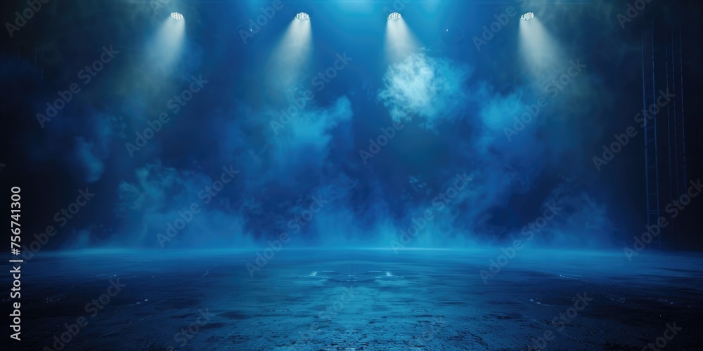 Poster a dramatic scene on an empty stage with spotlights and smoke. ideal for theater or concert concepts