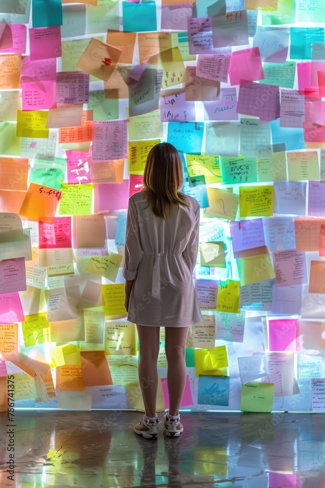 Poster a woman standing in front of a wall of post it notes. suitable for business and organization concept