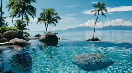 Infinity pool with palm tree rocks, Tahiti, French Polynesia - obrazy, fototapety, plakaty