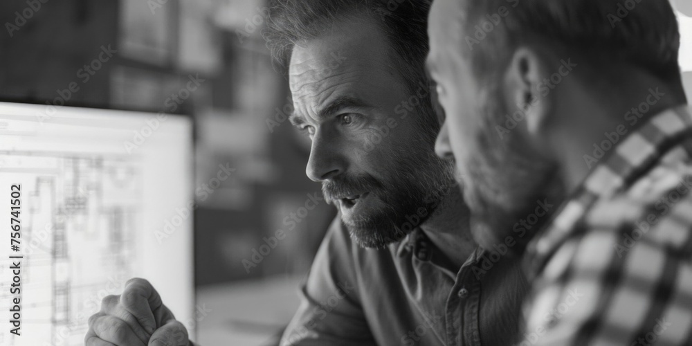 Poster Two men focused on a computer screen. Suitable for technology concepts