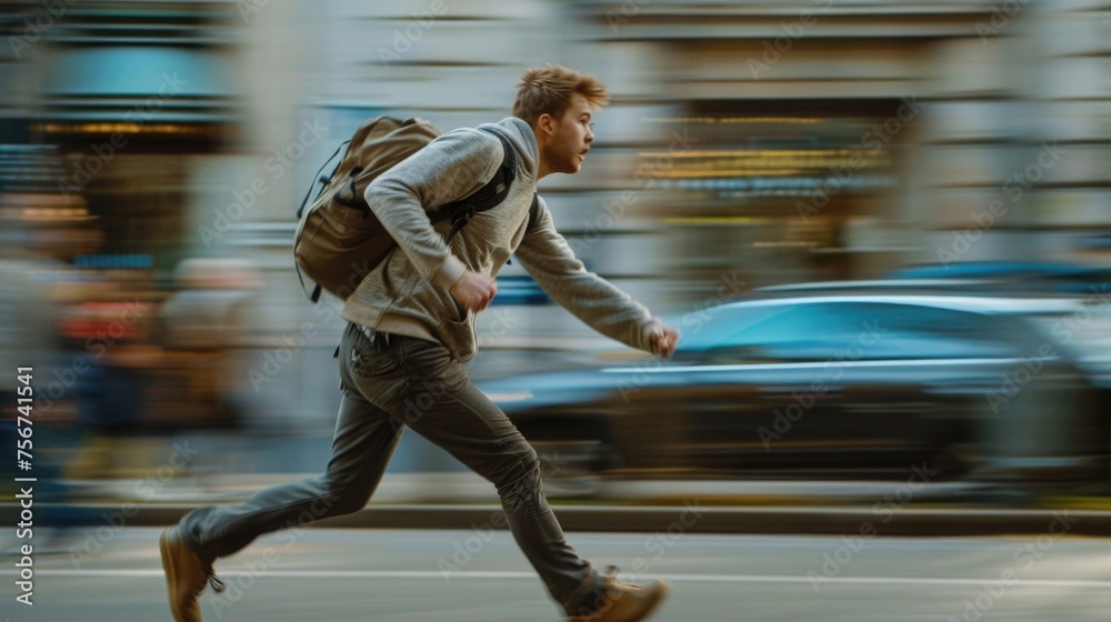 Poster a man with a backpack running down a street. perfect for travel and adventure concepts