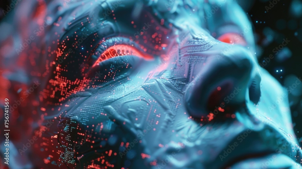 Poster close-up shot of a person's face with red and blue lights. ideal for technology or futuristic concep