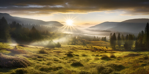 sunrise in the mountain meadow landscape
