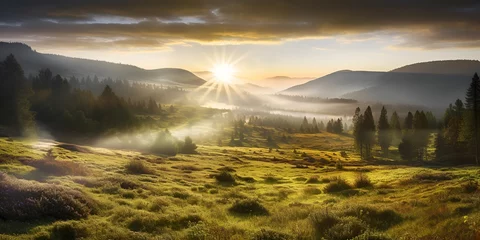 Fotobehang sunrise in the mountain meadow landscape © simple words