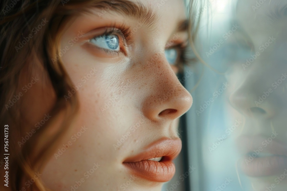 Aufkleber A close-up shot of a person looking out a window. Suitable for various concepts and themes
