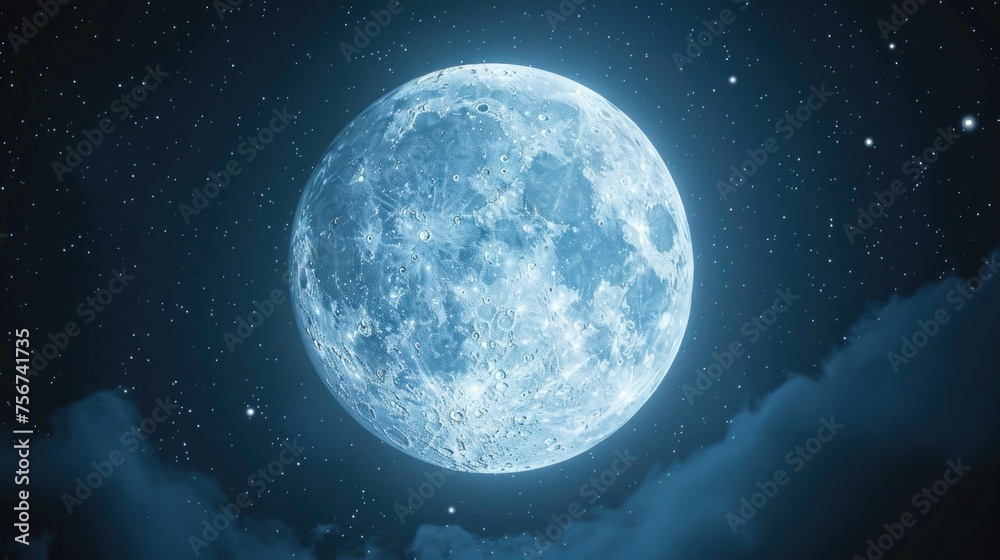 Poster a large blue moon shining in the night sky. ideal for celestial and mystical concepts